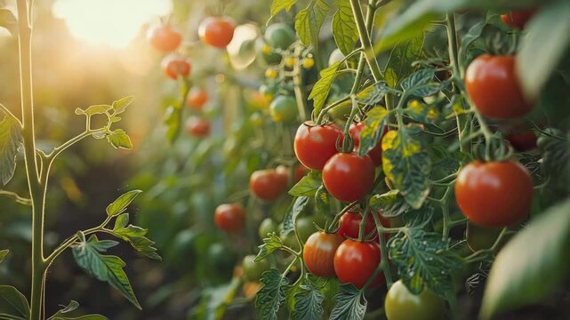 tomatoes grow on the plot. Selective focus