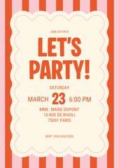 Monochrome vertical minimalist invitation for a birthday, party, dance with a lettering "Let's party" on a pink background with red stripes, template; simple vector illustration, flat style