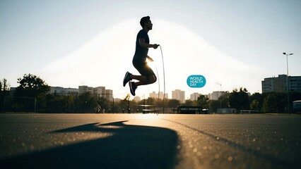 Man jumping in city street scene.