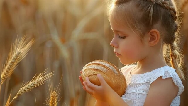 little girl holding bread on the background of a wheat field. Selective focus