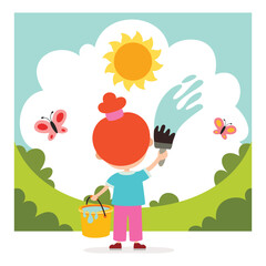 Kid Painting Nature Scene On Wall