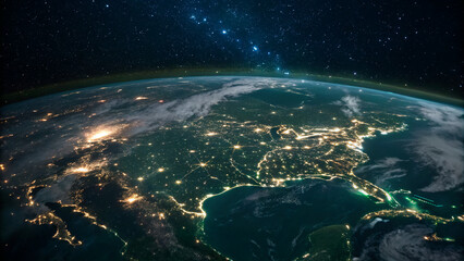 View of Earth from space at night showing city lights and natural features over the eastern United States and Caribbean region