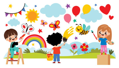 Kid Painting Nature Scene On Wall