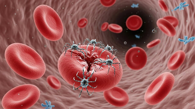 Microscopic Medical Illustration of Nanotechnology Robots Repairing Blood Cells Inside the Human Body for Future Biotechnology Health Solutions