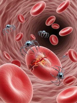 Microscopic Medical Illustration of Nanotechnology Robots Repairing Blood Cells Inside the Human Body for Future Biotechnology Health Solutions
