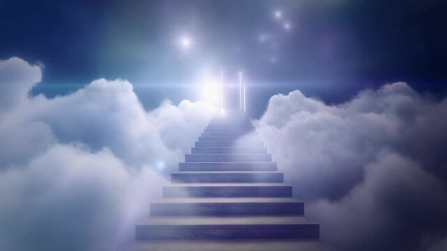 Floating staircase ascending into glowing clouds under starry sky evoking transcendence, mystery, and spiritual journey
