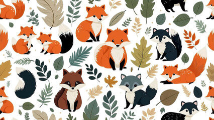 Cute seamless pattern featuring wild animals  fox and leafy elements, natural theme, balanced repeat layout.
