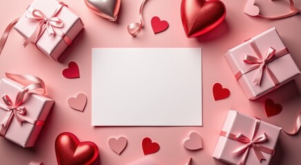 Valentine ' s day background with hearts and gift boxes on pink background love background copy space congrarulation holiday background
