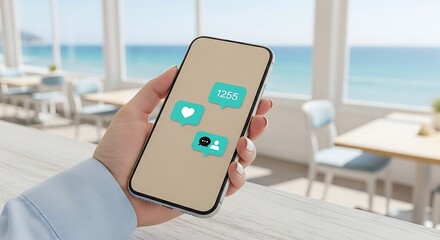 Hand holding smartphone with social media icons in a cafe overlooking the ocean.