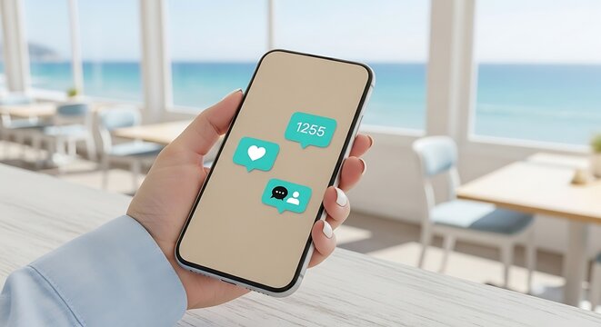 Hand holding smartphone with social media icons in a cafe overlooking the ocean. - Powered by Adobe
