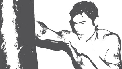 Boxing fighter delivering a punch. Black and white vector illustration showcasing muscle and focus in training. Graphic art conveys strength and intensity.