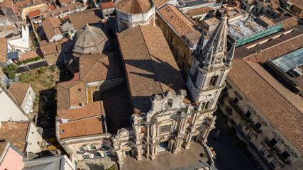 Aerial closeup of the Basilica of Saints Peter and Paul in Acireale. It is a Baroque-style Roman Catholic collegiate church located in province of Catania, Sicily, Italy. It has a beautiful bell tower