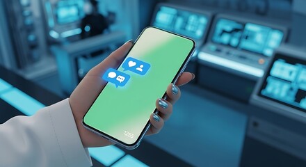 Hand holding smartphone with social media icons in a futuristic setting.