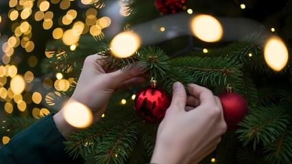Hands decorating Christmas tree with red ornaments.