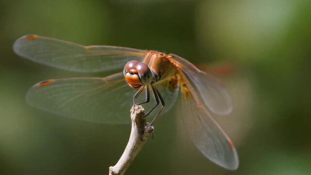 Close-up of a reddish-orange dragonfly perched on a slender branch in a natural green environment.