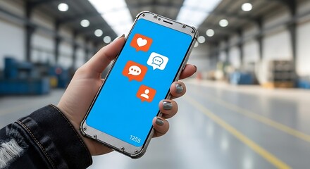 Hand holding smartphone with social media icons on screen.