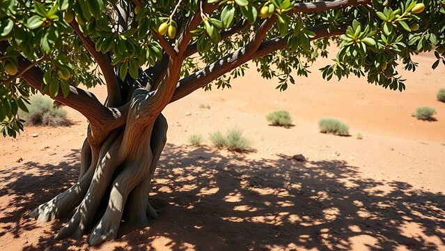 epilogue. A lone argan tree stands in the Moroccan landscape, its gnarled trunk and green leaves under the sun. travel magazines, destination branding, designed for travel destination branding.