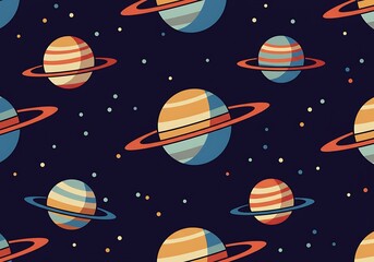 Seamless Pattern of Ringed Planets and Stars in Dark Space Background pattern