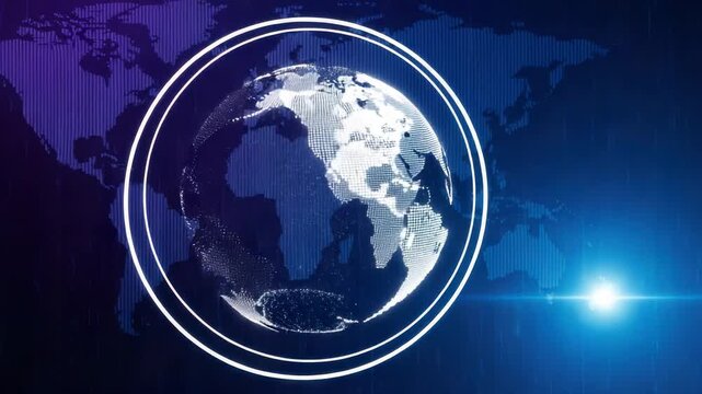 Digital globe with white outline on blue background with world map and bright light