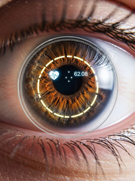 Extreme Macro Photography of a Smart Contact Lens with Augmented Reality Data Displaying Biometric Health Information on the Eye Iris