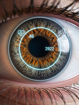 Extreme Macro Photography of a Smart Contact Lens with Augmented Reality Data Displaying Biometric Health Information on the Eye Iris