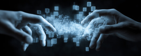 Human hands interact with glowing digital blocks, symbolizing data connection and future innovation