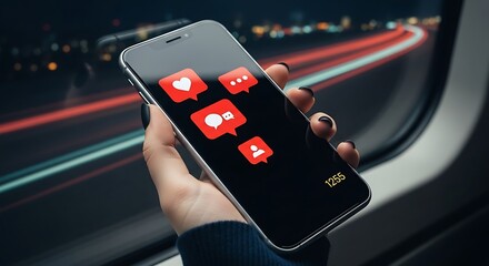 Hand holding smartphone with social media icons on screen.