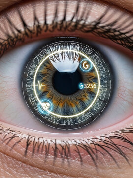 Extreme Macro Photography of a Smart Contact Lens with Augmented Reality Data Displaying Biometric Health Information on the Eye Iris