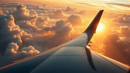 wingtip. Commercial jet ascending through cumulus clouds with golden sunrise light from a wingtip perspective. mobility guides, transit brochures, designed for transport & logistics marketing.