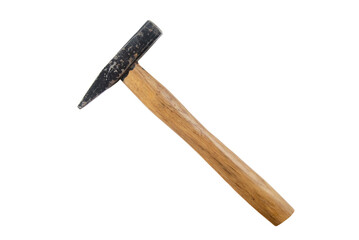 Old black metal hammer with wooden handle isolated transparent png