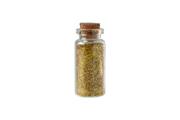 Small glass bottle with gold glitter and cork stopper isolated transparent png