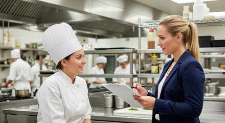 Businesswoman reviewing notes with a professional female chef in a large commercial kitchen