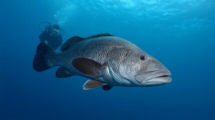 Fototapeta premium A large fish with silver scales swims in the blue ocean depths near a distant scuba diver