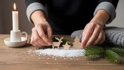 Hands decorating Christmas scene with reindeer and snow.