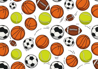 Seamless Pattern of Various Sport Balls on White Background for Athletic Design pattern