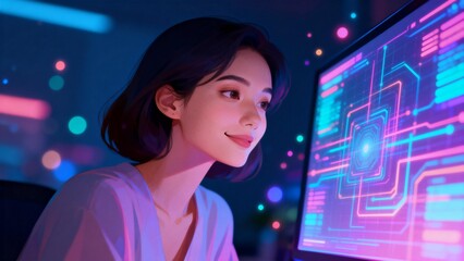 Woman viewing digital circuit display