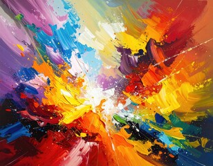 Abstract painting explodes with vibrant colors and energetic brushstrokes