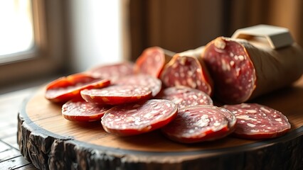 calabrese. Traditional Calabrese salami slices on a rustic wooden board with soft window light. menu design, packaging mockups, designed for food delivery and cloud-kitchen brand materials.