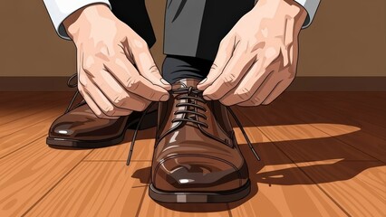 Man Tying Shoelaces on Polished Leather Dress Shoes.