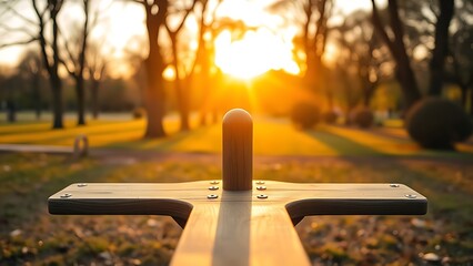 fulcrum. Wooden seesaw in a peaceful park at golden hour, showing perfect equilibrium. event key visuals, club posters, designed for sports event promotions and stadium branding.