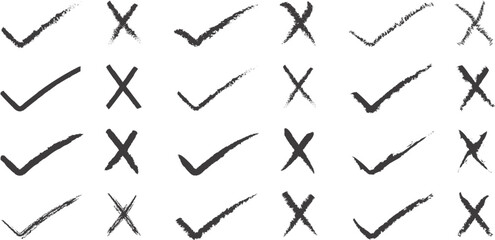 Hand drawn check mark icon set. tick, cross signs for checkbox, checklist, v and x in sketch doodle brush marker checklist symbol. grunge brush style vector illustration © Habibullah990