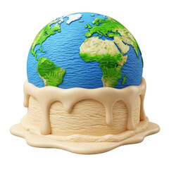 Melting globe sculpture on a Transparent background representing environmental crisis and global warming with a beige base