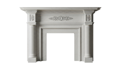 Front view of a classic fireplace surround made of white stone isolated on white background