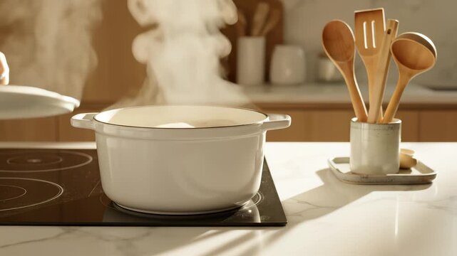 Steaming pot on kitchen stove