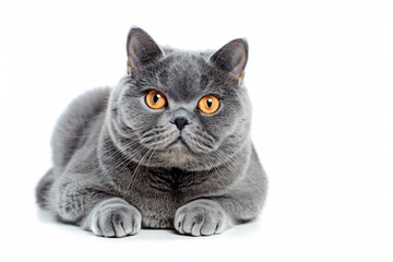 Fototapeta premium Portrait of a chubby grey British Shorthair cat looking at camera on white background.