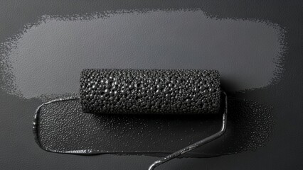 Paint roller with textured surface applying a stroke of gray paint on a dark background.
