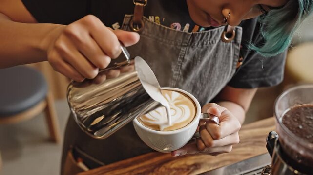 Barista pouring latte art in coffee cup