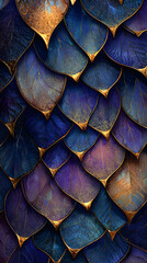 Dark blue and purple dragon scales with glowing gold accents on a deep shadowy background
