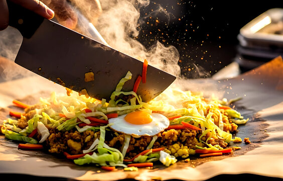 Vibrant and colorful street food style of Sri Lankan kottu roti, a metal blade chopping stir-fried roti, cabbage, carrots, egg on a hot griddle, on a piece of brown paper 