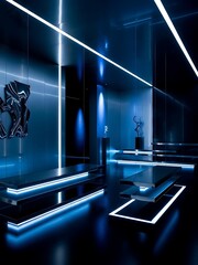 Futuristic gallery interior bathed in blue luminescence, captivating artwork